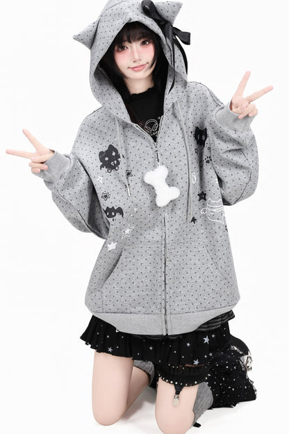 3D-Katzenohren-Kapuzenjacke mit Polka-Dots