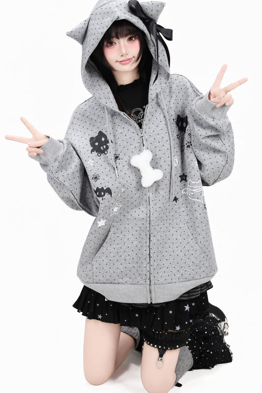 3D Cat Ear Polka Dot Hooded Jacket