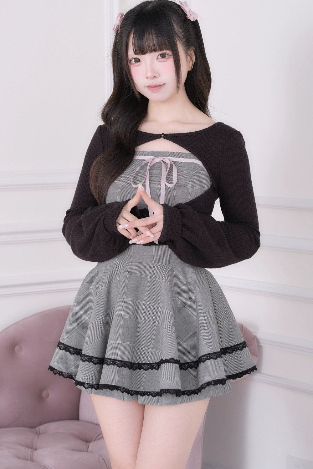 Girly Plaid Dress with Cardigan