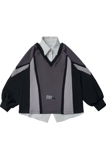 Black Gray Color Block Chain Tie Sweatshirt And Pants Set-Up