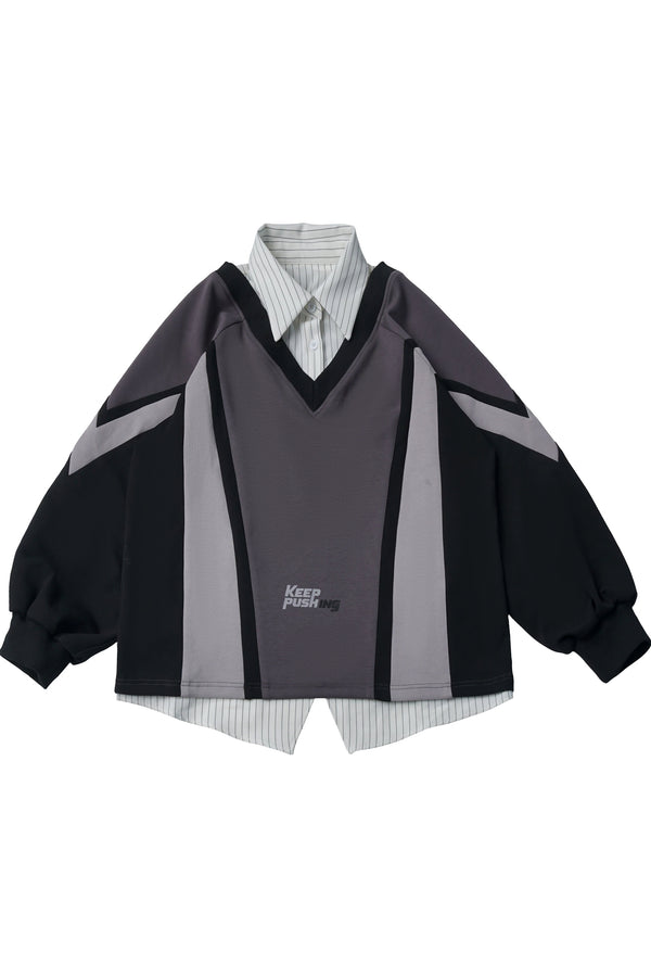 Black Gray Color Block Chain Tie Sweatshirt And Pants Set-Up