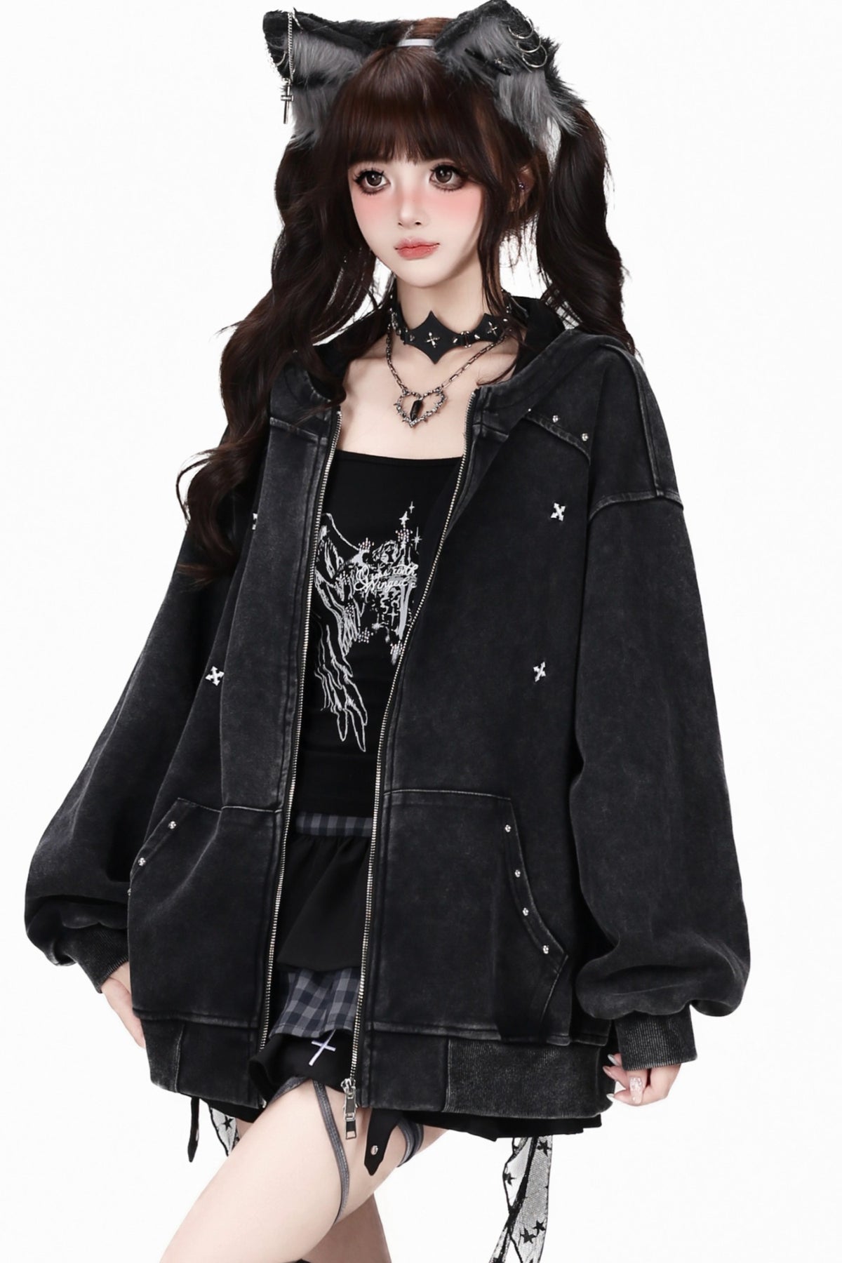 Studded Hooded Loose Jacket