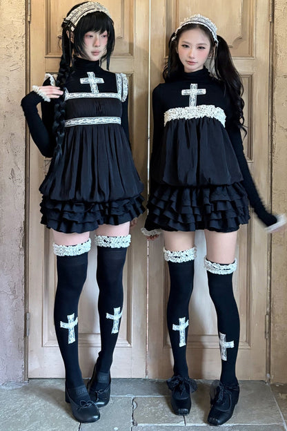 Lace Cross Black Base Shirt and Patchwork Tutu Skirt Set-Up