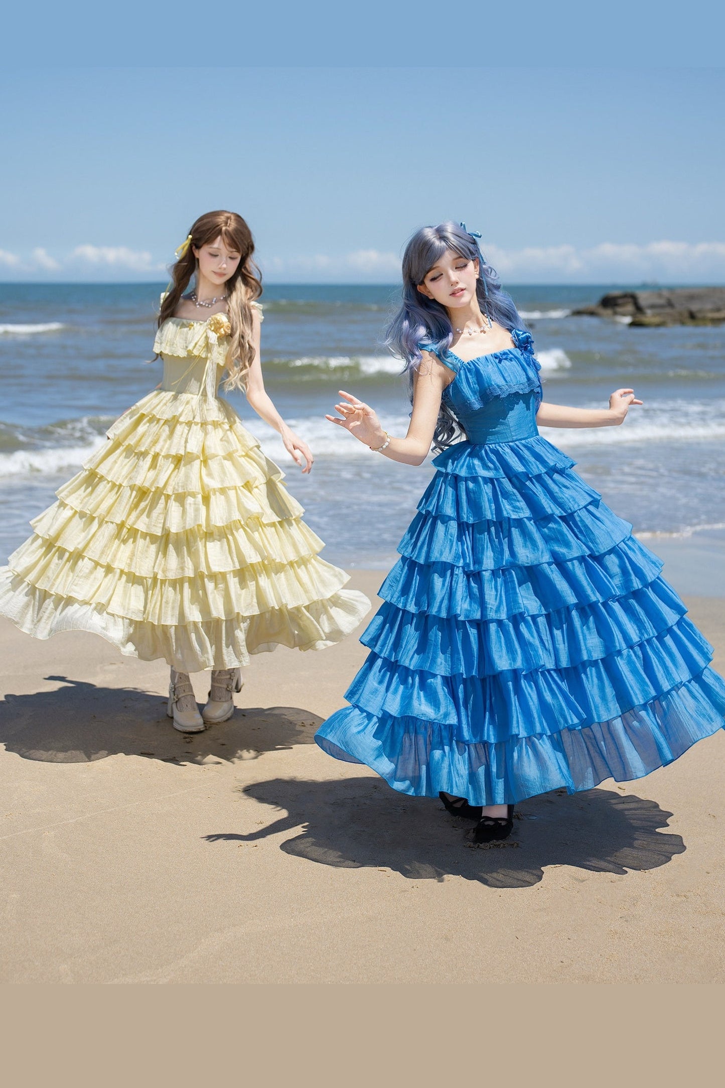 Seven-Layer Ruffle Square Neck Dress, Hair Accessory and Jacket Set-Up