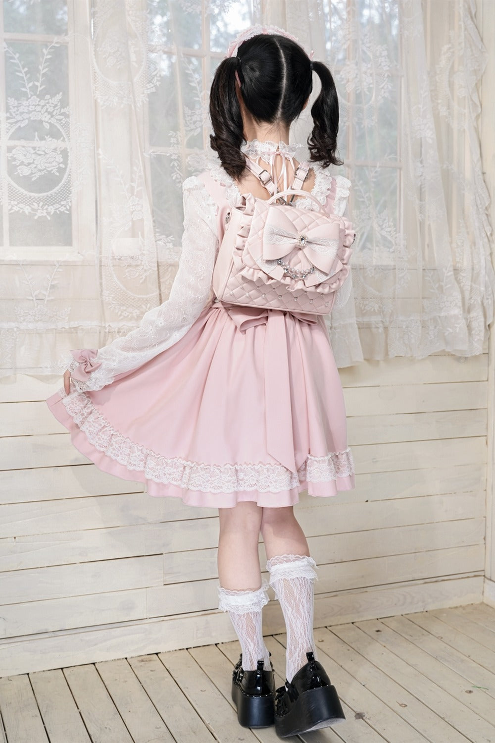 Lace Bow Dress With Hairband+Neck Ring