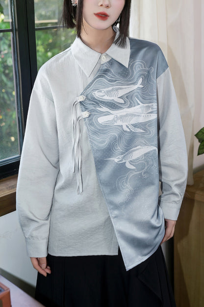 Asymmetrical Whale Print Slanted Placket Shirt