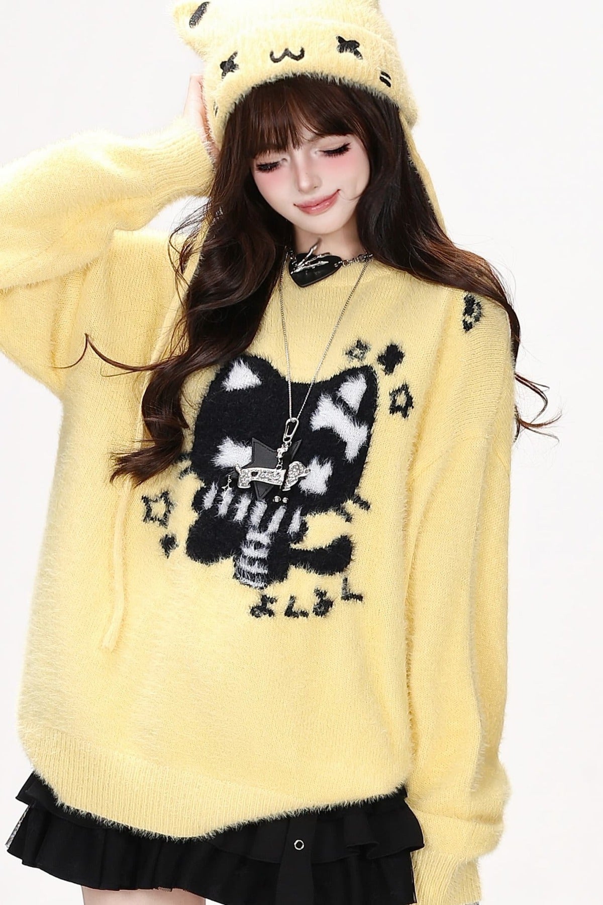Cat Jacquard Loose Knit Pullover Sweater