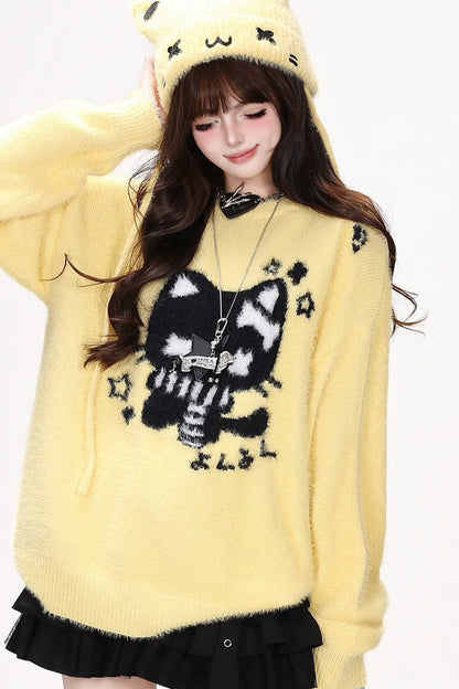Cat Jacquard Loose Knit Pullover Sweater