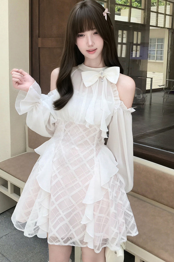 High-Waist Bow Off-Shoulder Long-Sleeve A-Line Dress