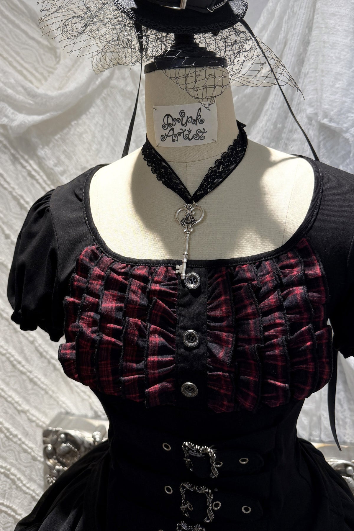 Original from Jiuyu Market: Black and Red Plaid Puff-Sleeve Knit Top with Military-Style Mesh Cake Skirt Set