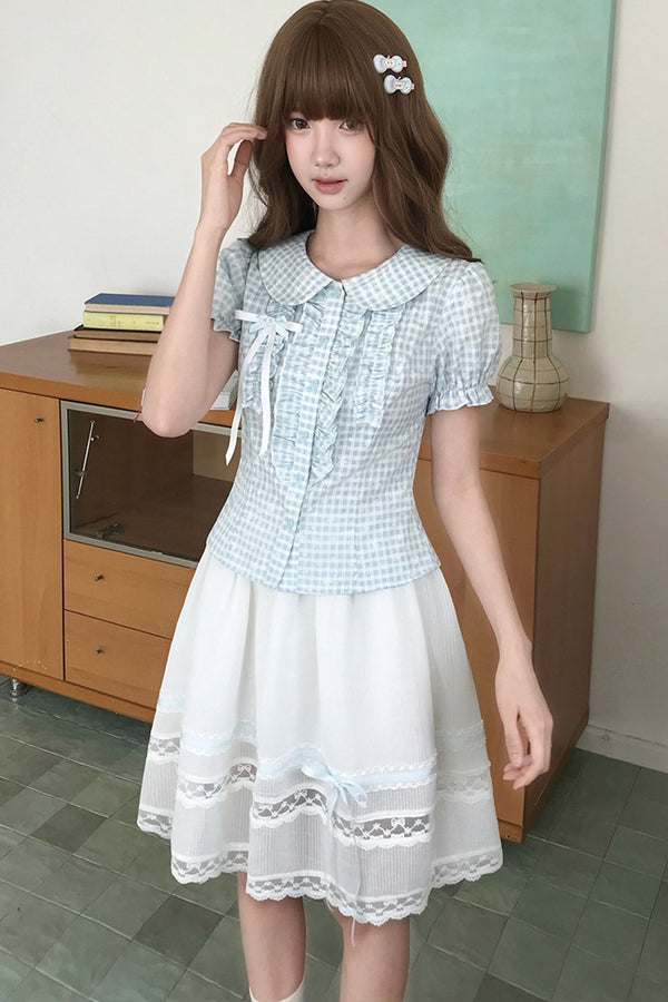 Blue and White Plaid Doll-Collar Puff Shirt + Skirt