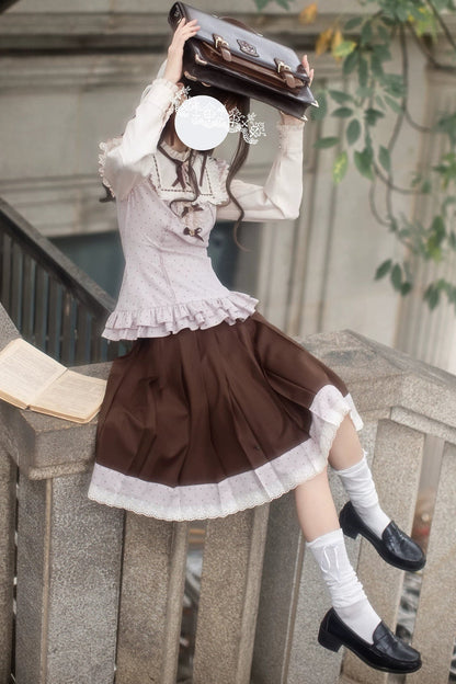 Pink Brown JK Pleated Skirt and Blouse Set-Up