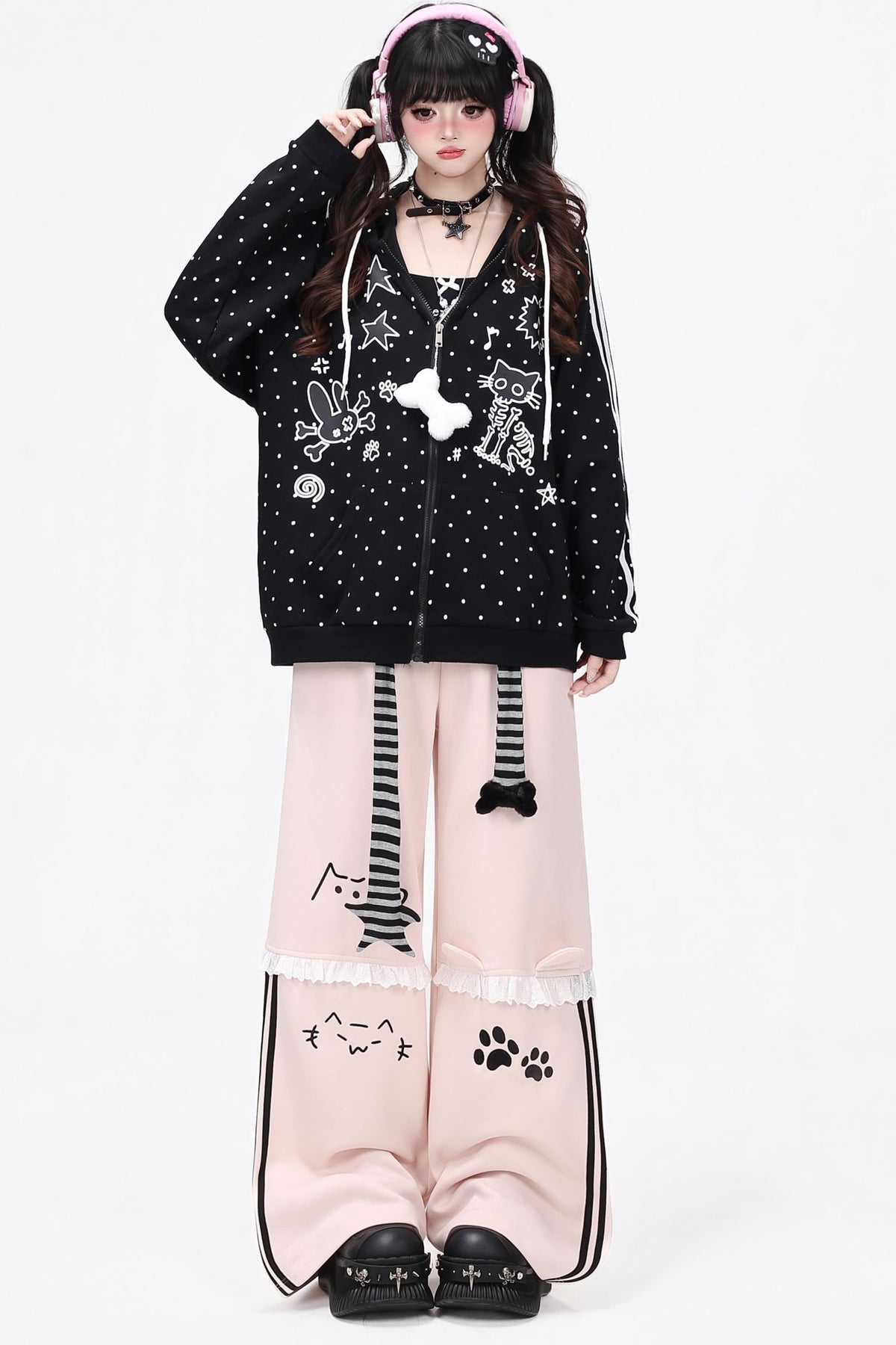 Skull Cat Ear Polka Dot Hooded Jacket