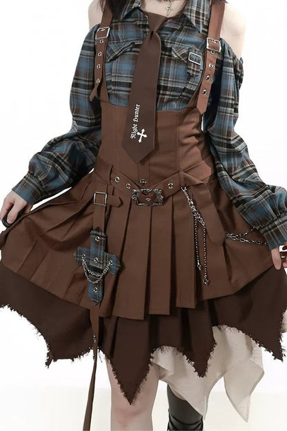 Retro Plaid Off-Shoulder Shirt and Suspender Skirt Set-Up