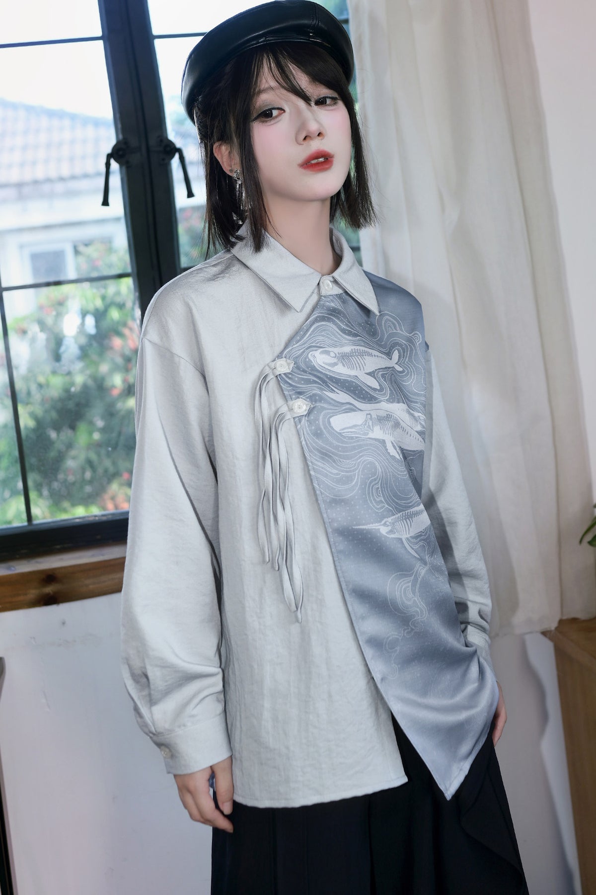 Asymmetrical Whale Print Slanted Placket Shirt