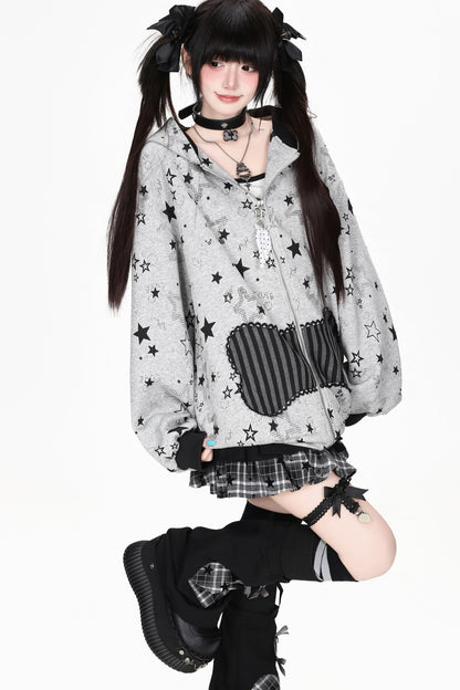 Star Print Hooded Sweatshirt Jacket