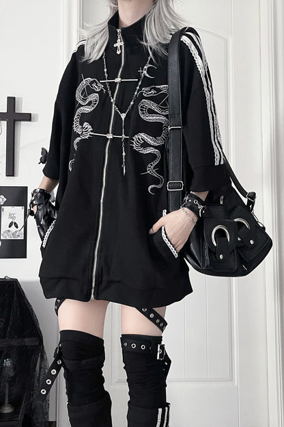 Double Snake Embroidery Zipper Tang Suit Blouse Set-Up
