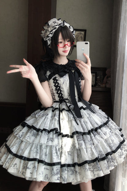 Lolita-Kleid mit Tuschewaschung und Fischgrätenmuster