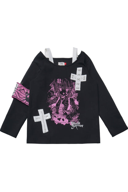 Cross-Decorated Armband Shoulder Strap T-Shirt