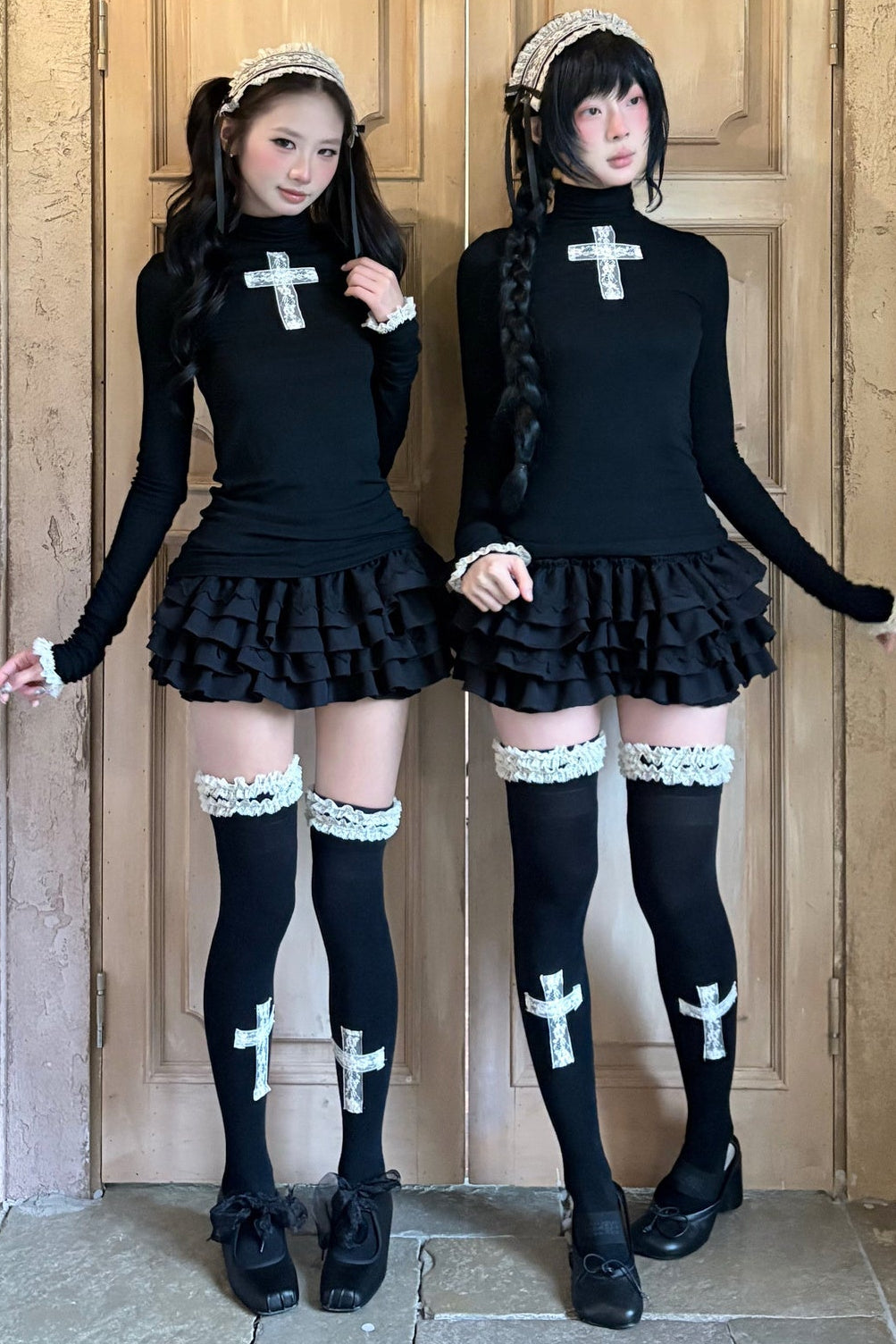 Lace Cross Black Base Shirt and Patchwork Tutu Skirt Set-Up