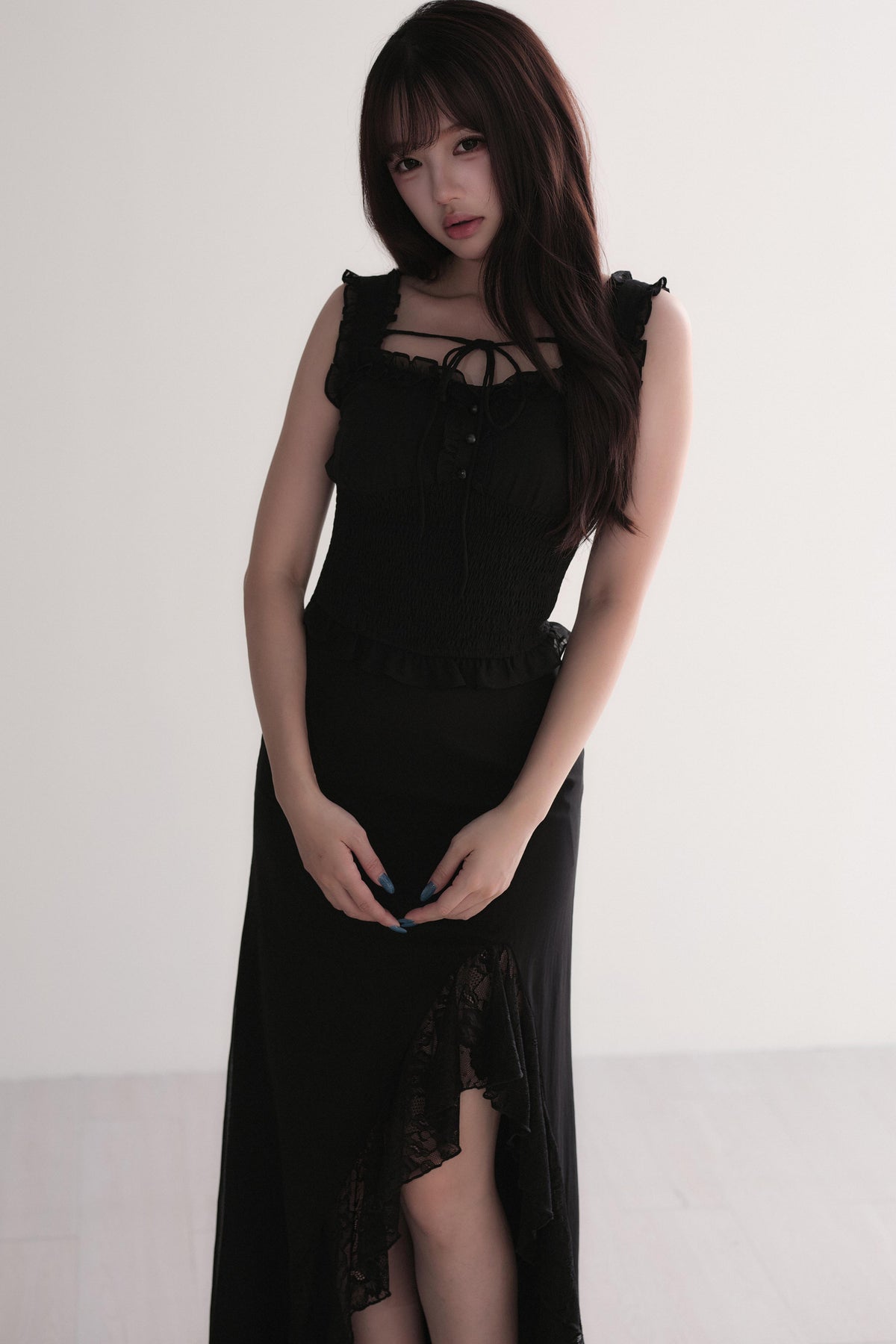 Elegant Ruffle Top & Lace Slit Skirt Set