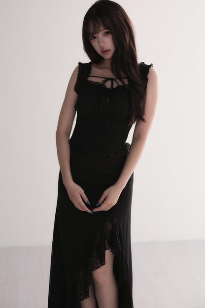 Elegant Ruffle Top & Lace Slit Skirt Set