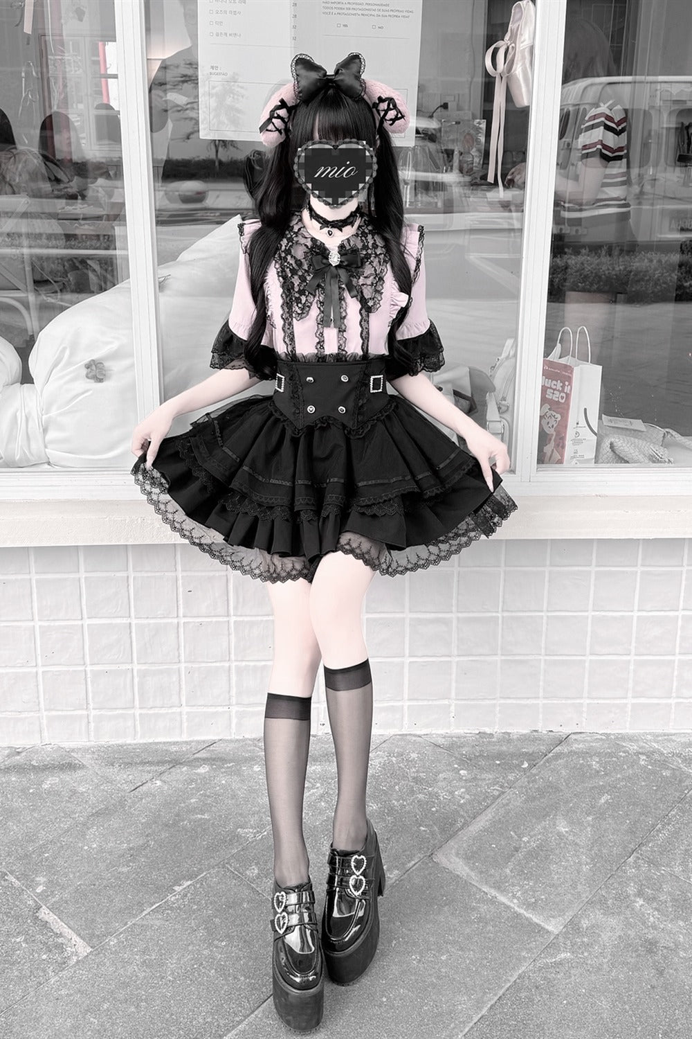 Cherry Short-Sleeved Lace Collar Shirt and Skirt Set-Up