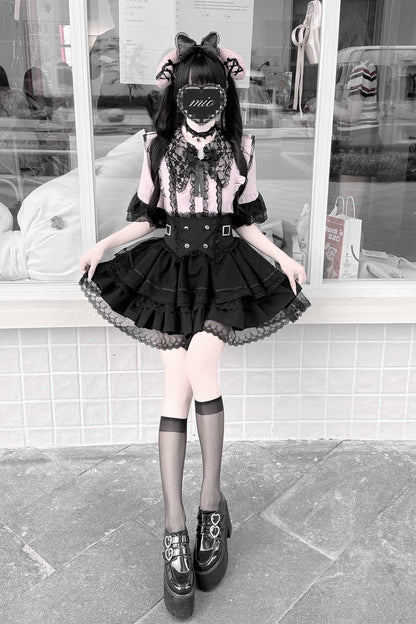 Cherry Short-Sleeved Lace Collar Shirt and Skirt Set-Up