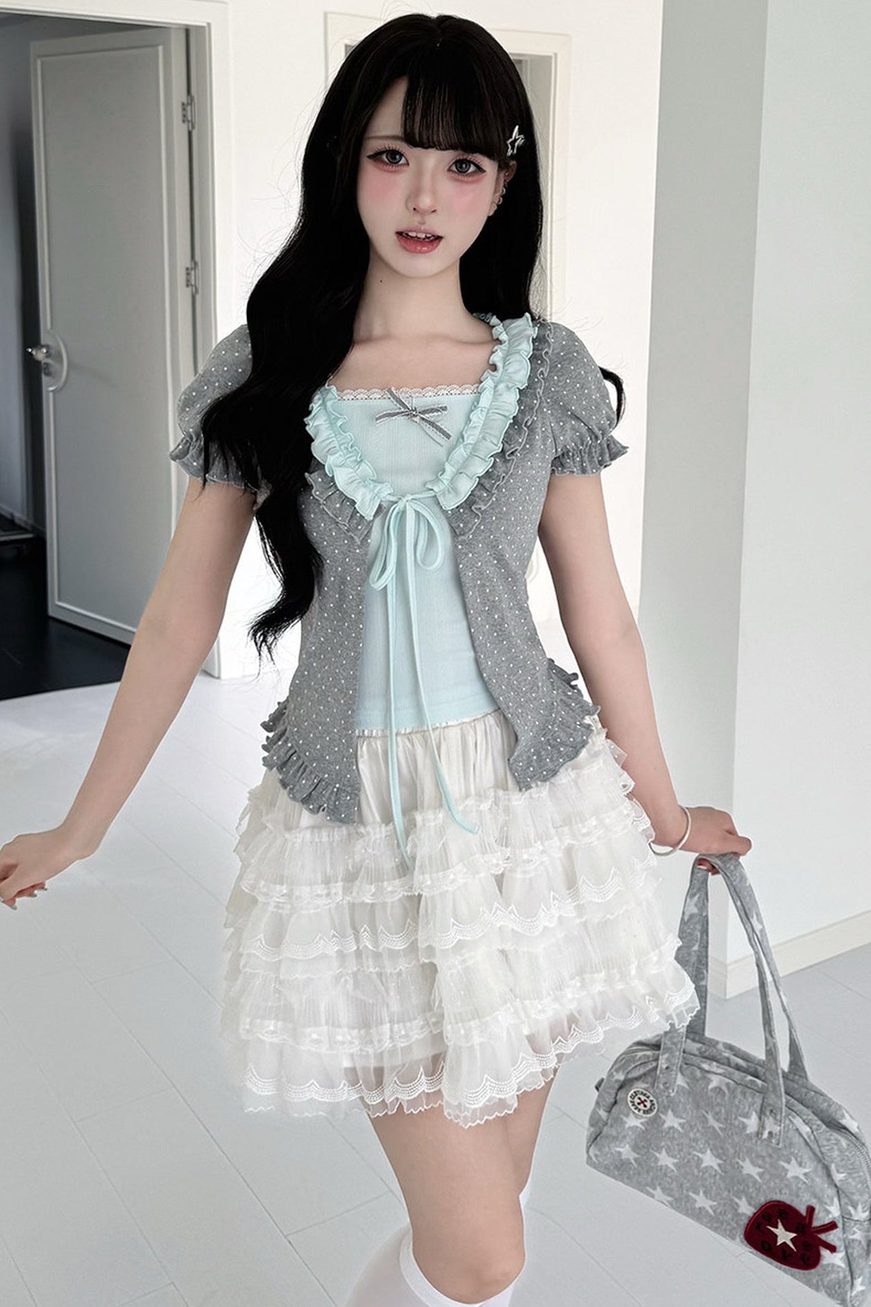 Polka Dot Layered-Look Top and Skirt Set-Up