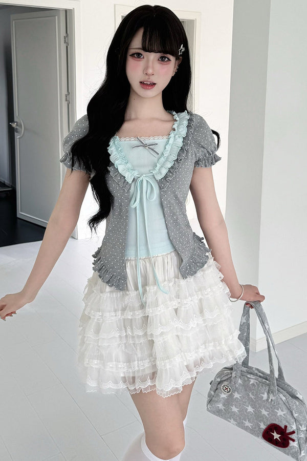 Polka Dot Layered-Look Top and Skirt Set-Up