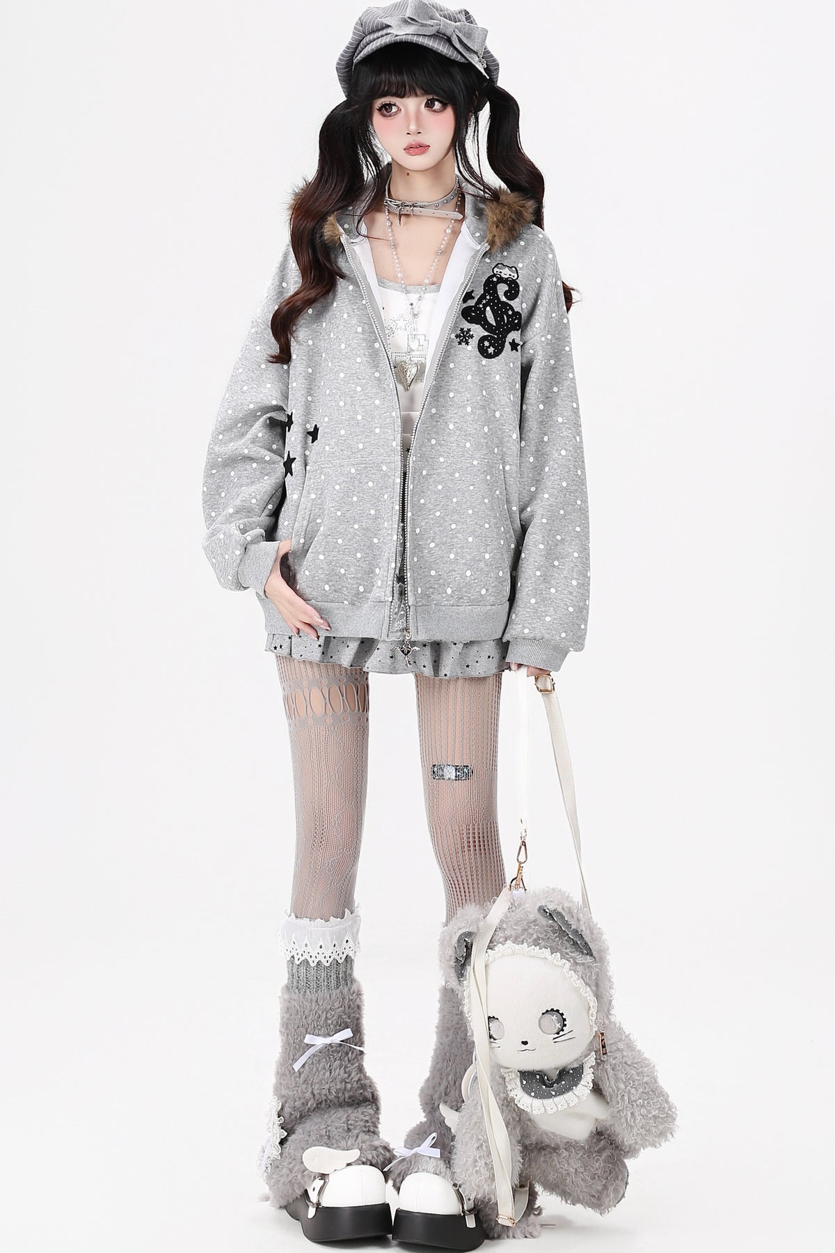 Polka Dot Bear Embroidered Zip Jacket
