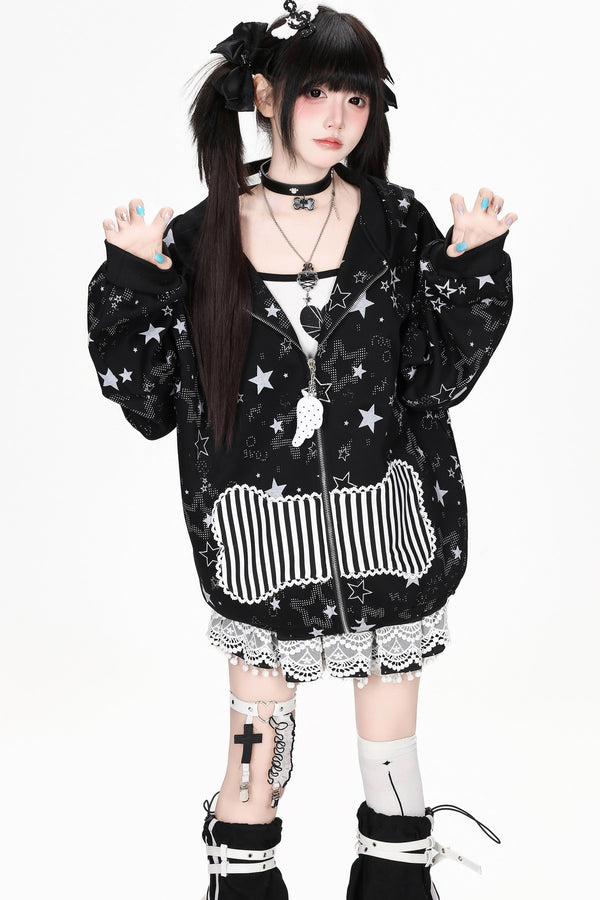 Star Print Hooded Sweatshirt Jacket