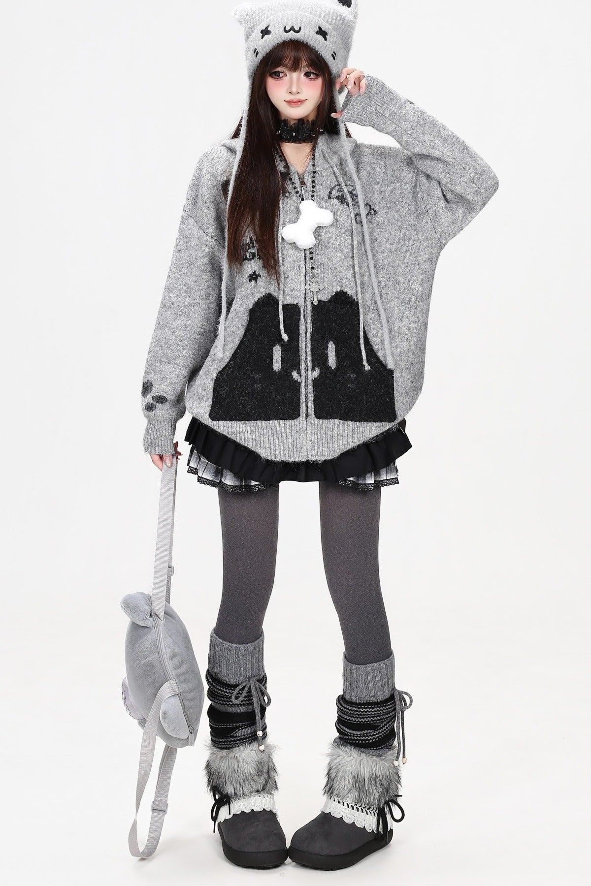 Cardigan en maille à capuche avec poche chat gris