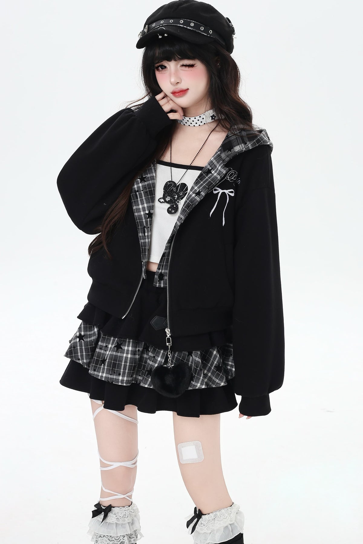Plaid Rabbit Ear Embroidered Hooded Jacket
