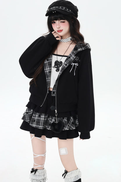 Plaid Rabbit Ear Embroidered Hooded Jacket