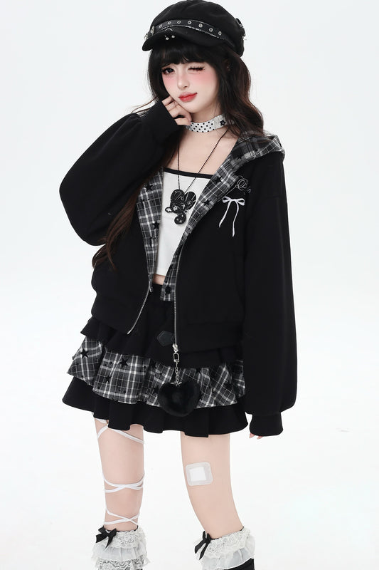 Plaid Rabbit Ear Embroidered Hooded Jacket