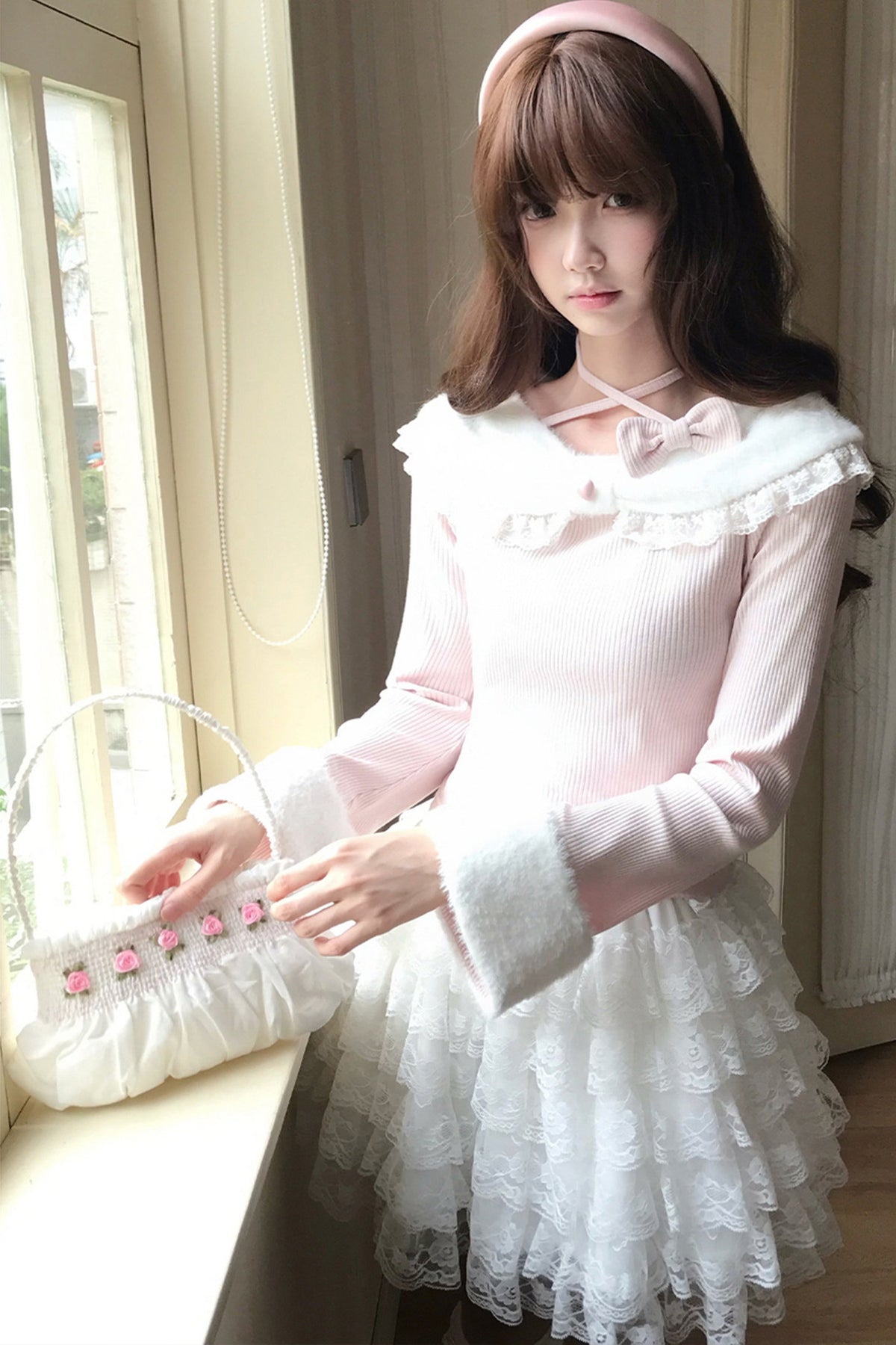 Cat Plush Collar Halter Knit Top and Skirt Set