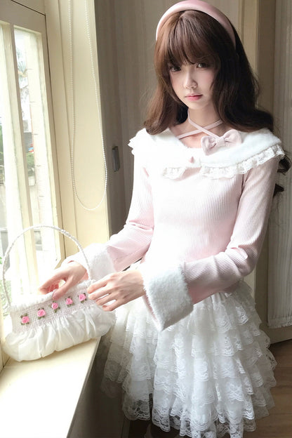 Cat Plush Collar Halter Knit Top and Skirt Set