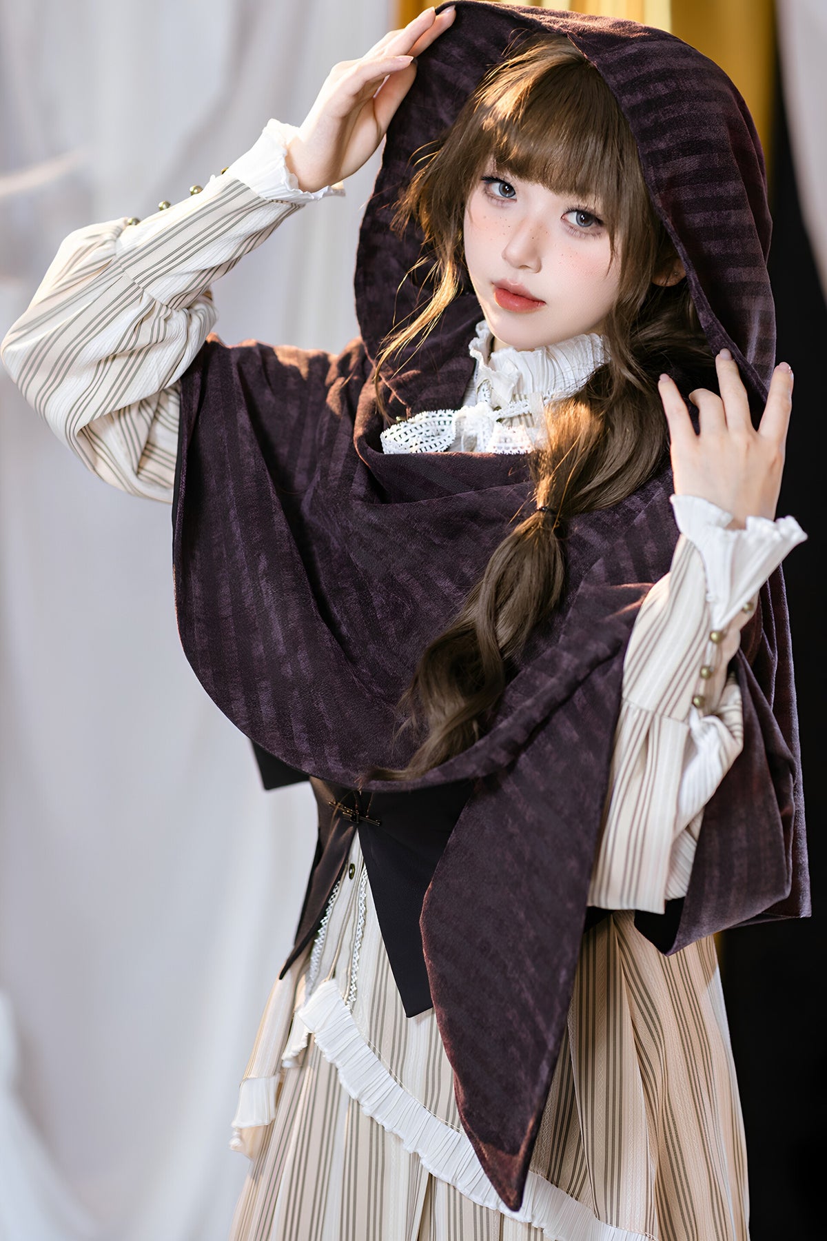 Purple Black Striped Velvet Hooded Cape