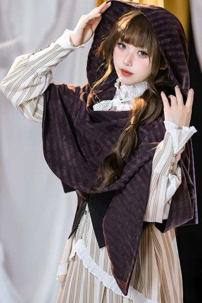 Purple Black Striped Velvet Hooded Cape