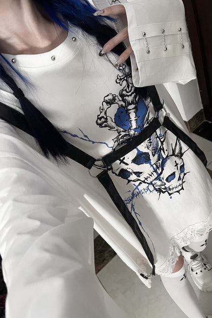 Belt Spliced Subculture Print Long-Sleeve T-Shirt