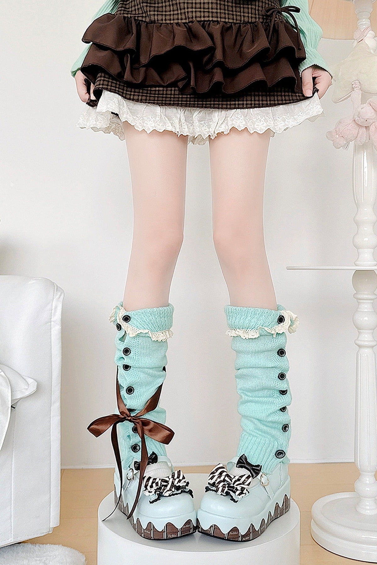 Mint Green Lace Button Leg Warmers
