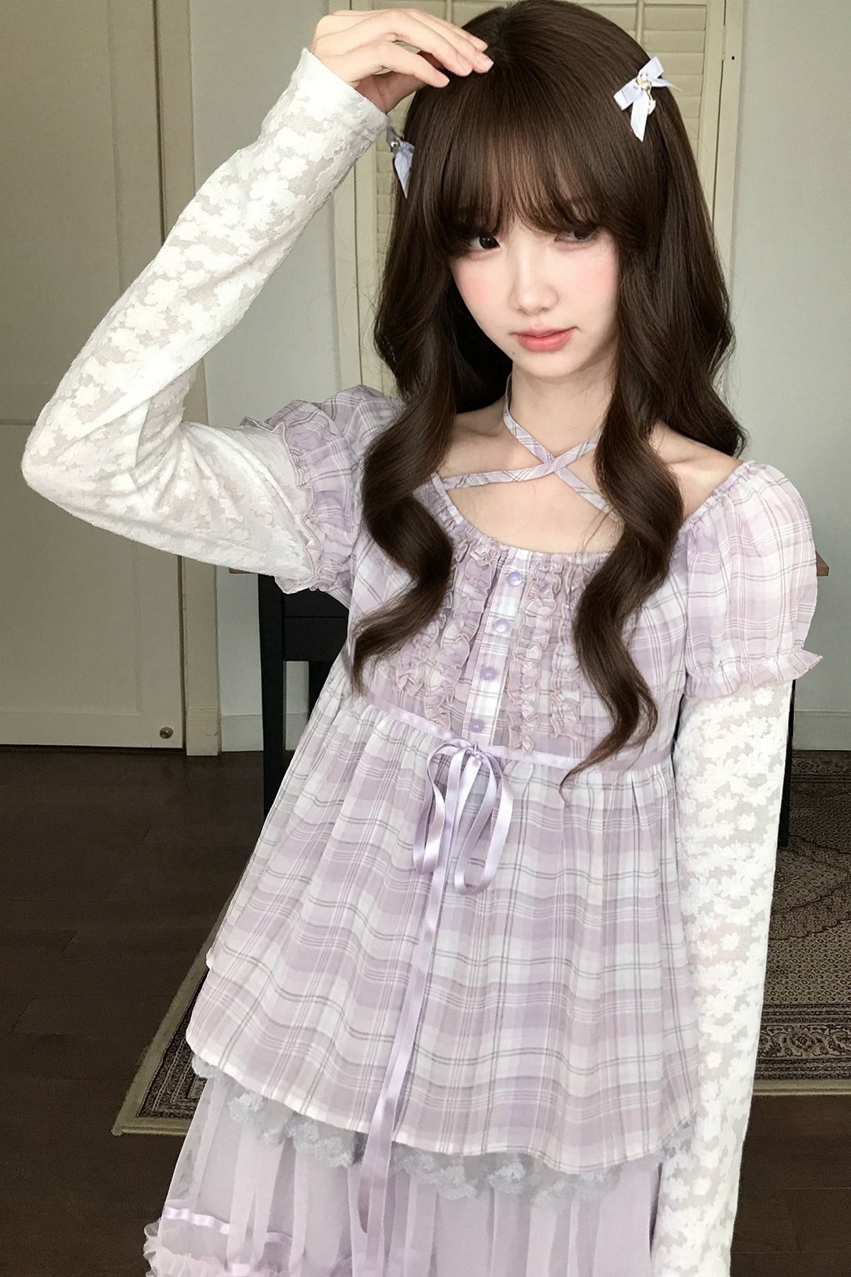 Plaid Lace Halter Top and Mesh Skirt Set
