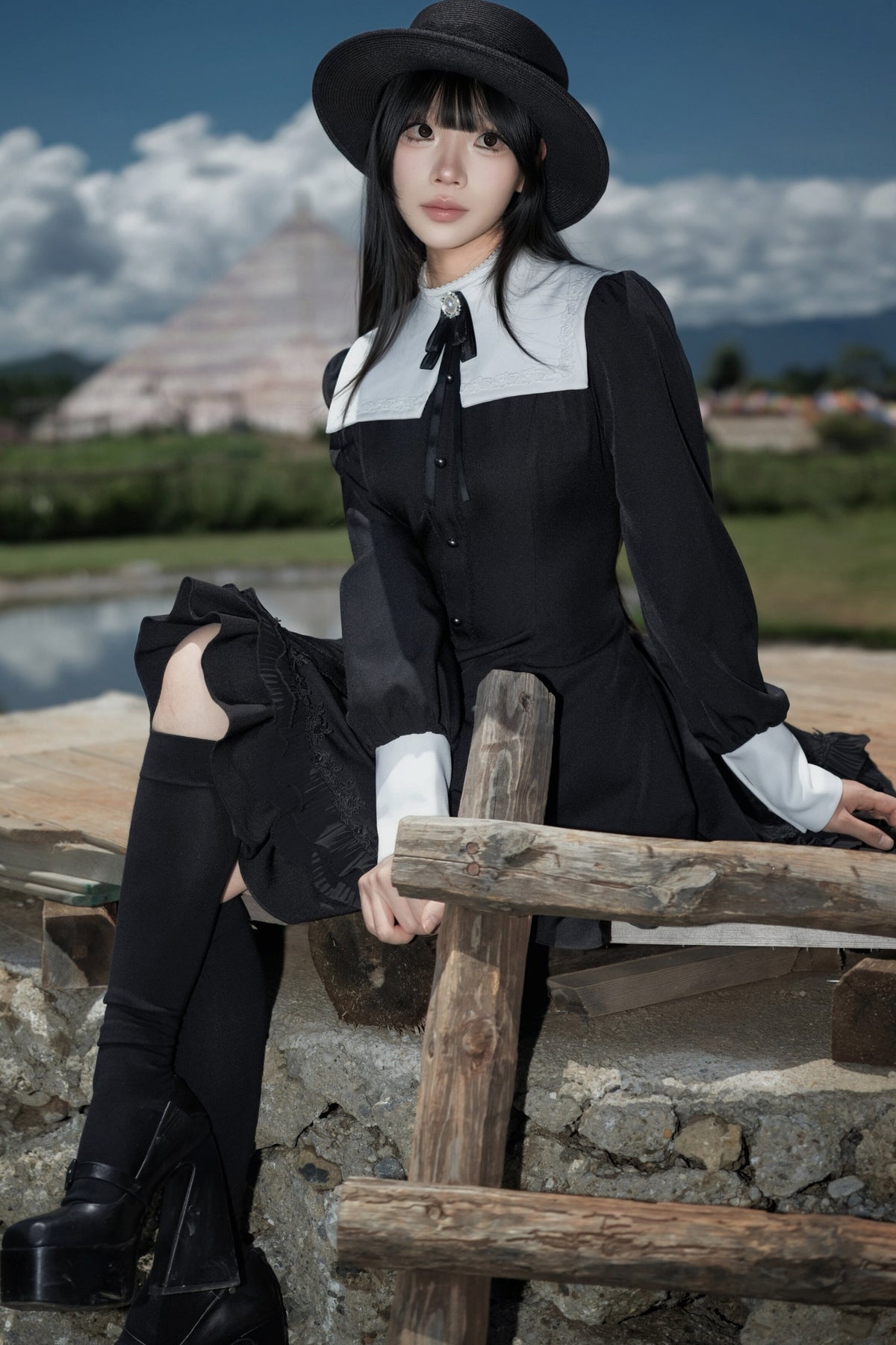 Gothic Puff Sleeve Nun Collar Dress