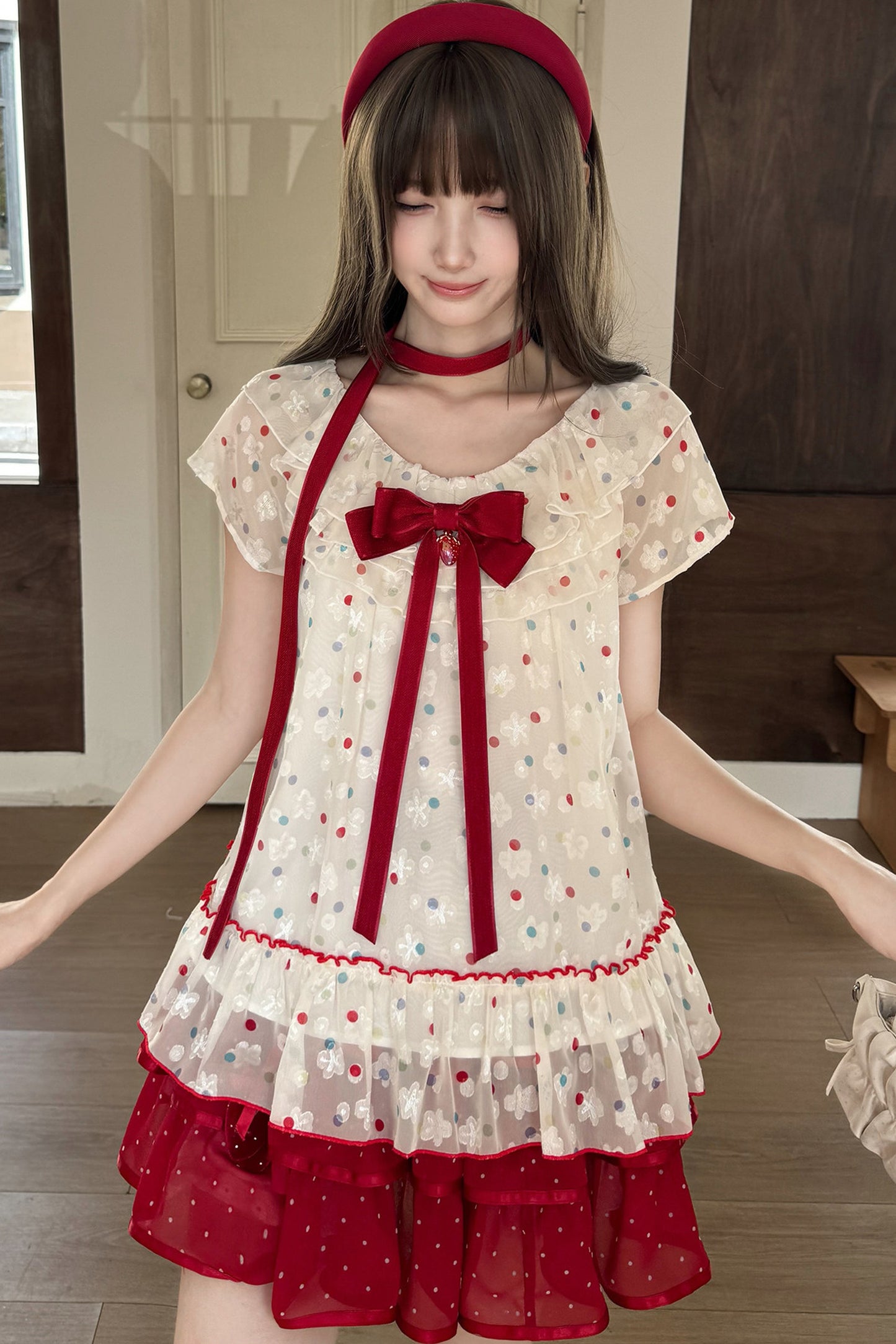 Berry Rococo Polka Dot Floral Short Top and Skirt Set-Up