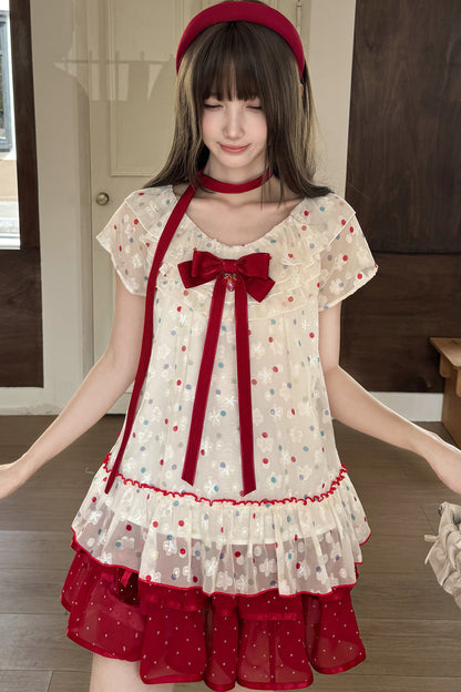 Berry Rococo Polka Dot Floral Short Top and Skirt Set-Up