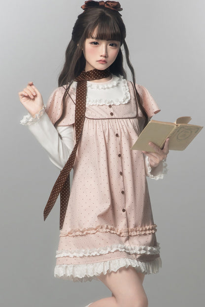 Pink Brown Polka Dot A-Line Layered-Look Dress