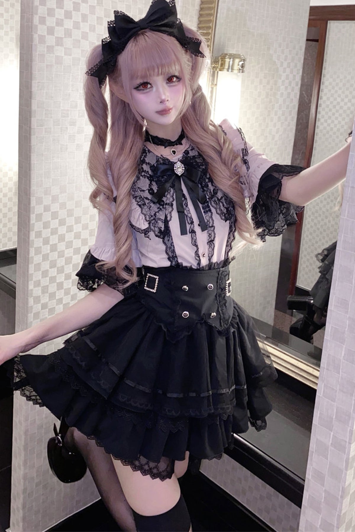 Cherry Short-Sleeved Lace Collar Shirt and Skirt Set-Up