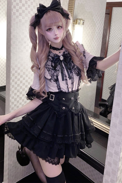 Cherry Short-Sleeved Lace Collar Shirt and Skirt Set-Up
