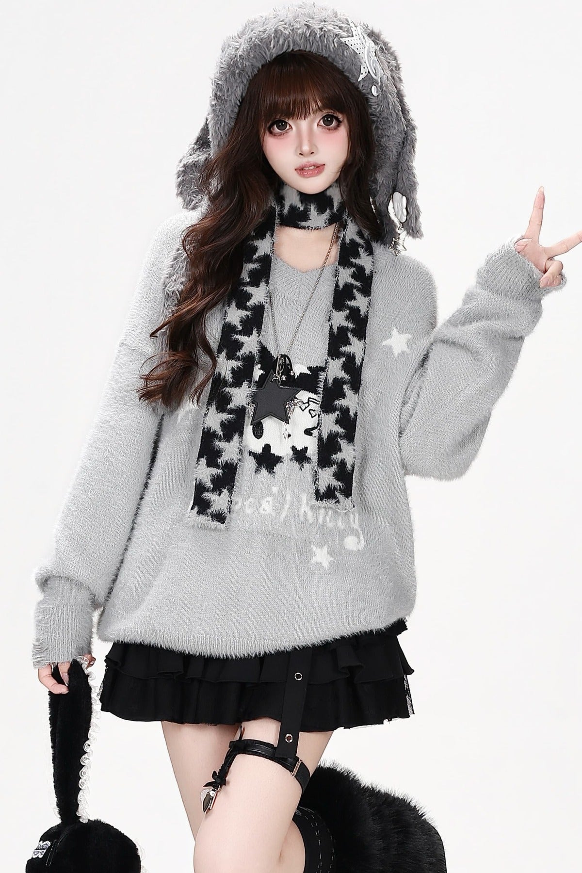 Jersey suelto de jacquard con gatito y estrella